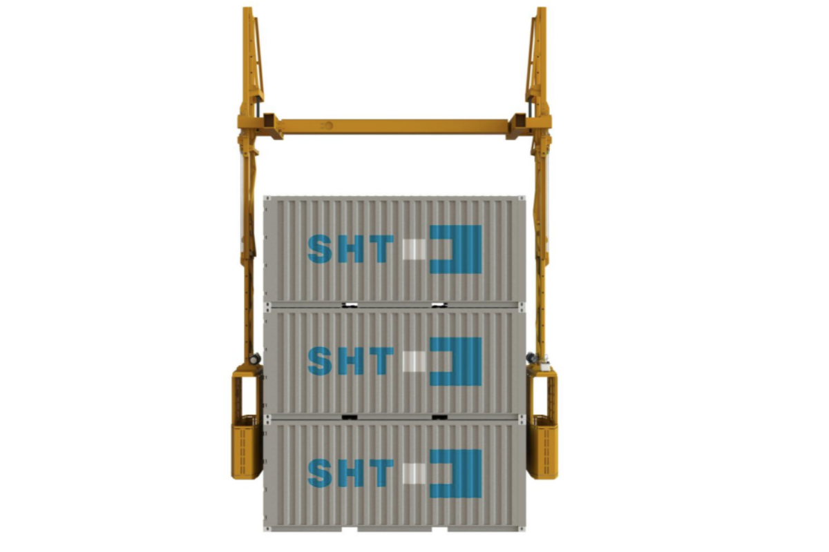 Teleskopierbarer Laschkorb mit seitlichen Gondeln für Containerarbeiten