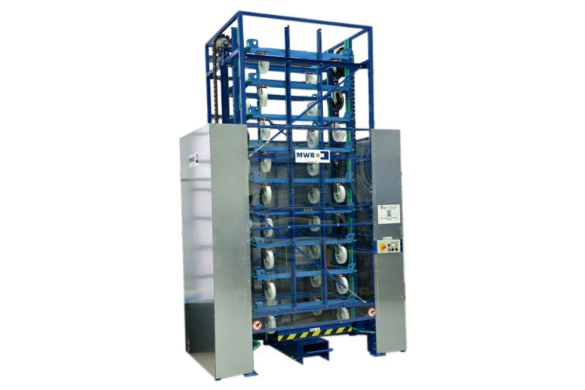 Elektrischer Lagerturm Trolleystore mit eingelagerten Trolleys auf Knopfdruck