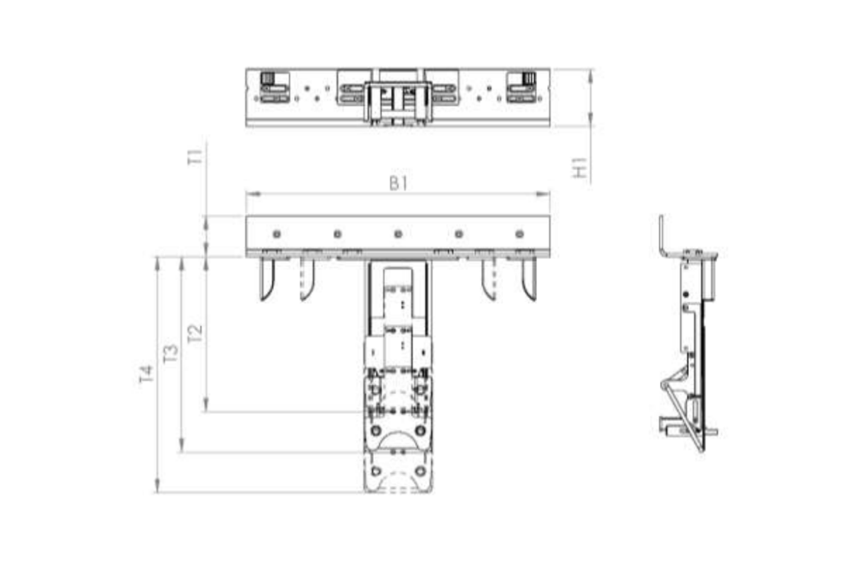 Technische Zeichnung der variablen Trolleydockingstation mit Maßen und Einstellbereichen