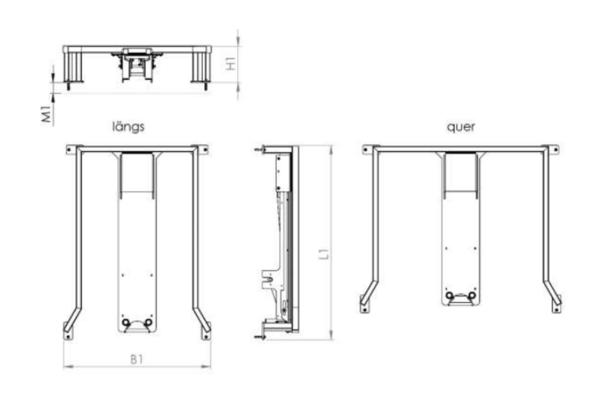 Technische Zeichnung der SHT Trolleydockingstation – Maße und Bauform