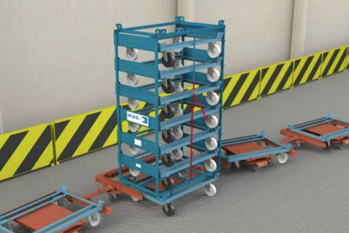 Trolleyrack mit mehreren gestapelten Trolleys im Einsatz mit Hubwagen