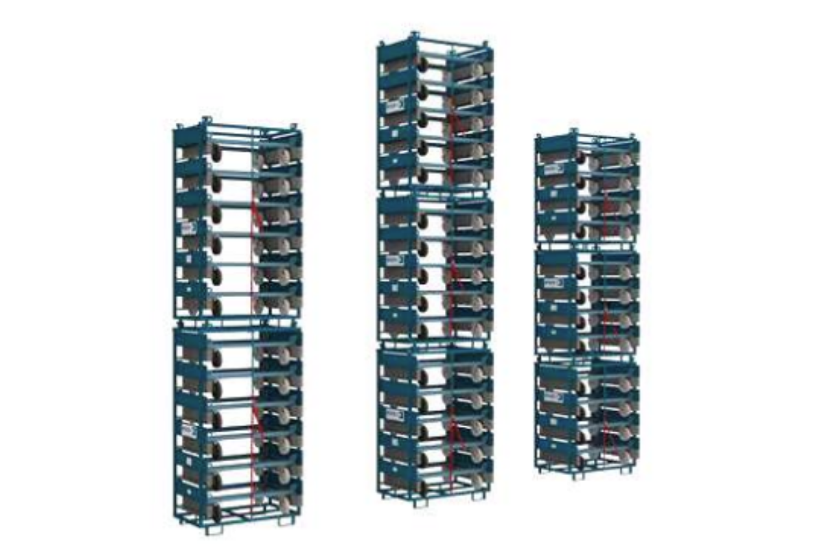 Elektrischer Lagerturm Trolleystore mit eingelagerten Trolleys auf Knopfdruck