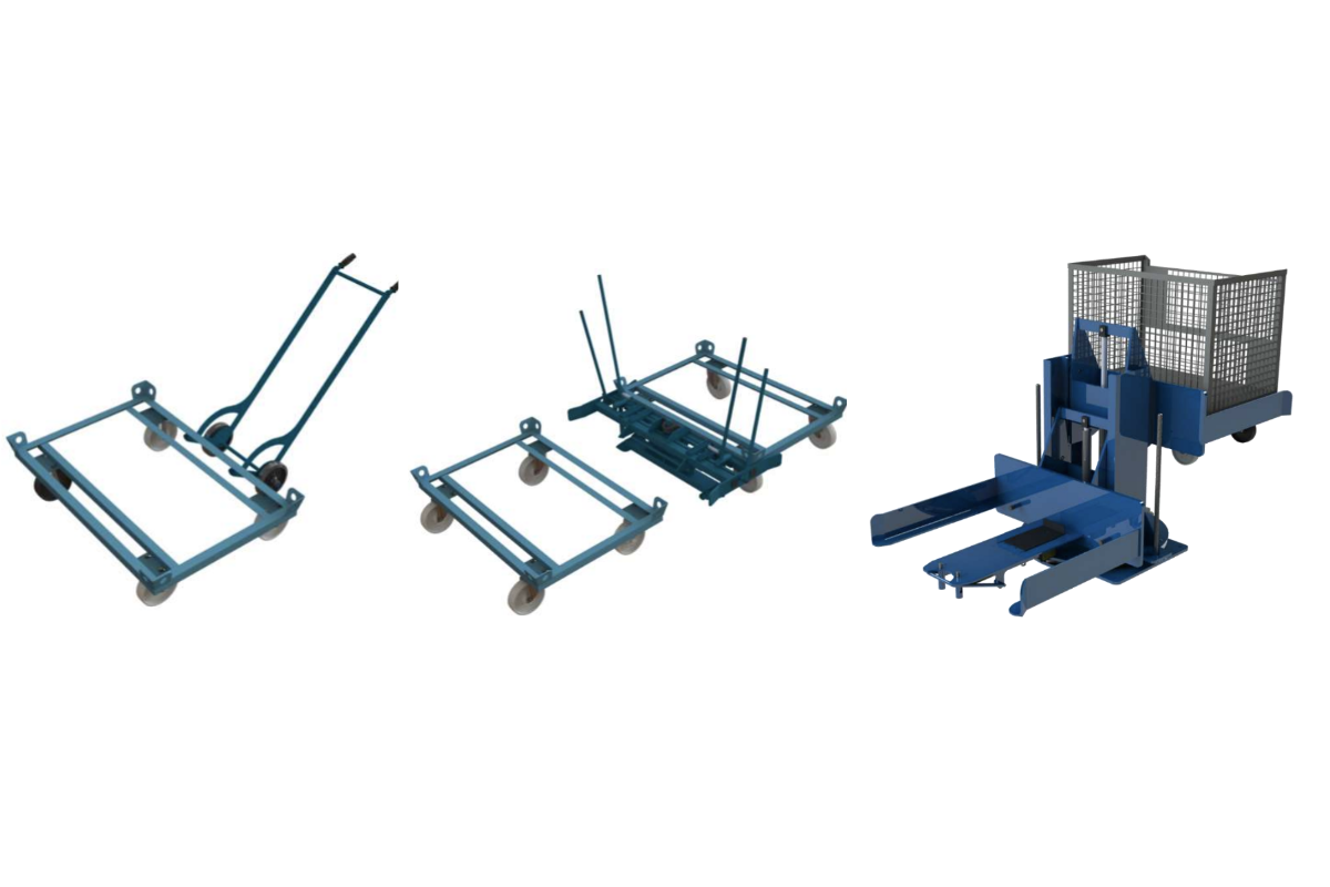 Trolleys ergonomisch bewegen mit Trolleyhandlingsgerät, Trolleydrehgestell und Hub-Dreh-Vorrichtung
